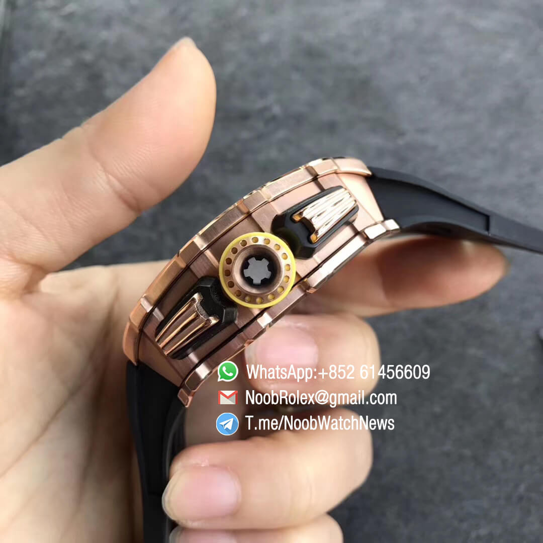 KVF Replica RM11 03 Crystal Skeleton Dial Rose Gold Case Titanium Mid Case on Black Racing Rubber Strap A7750 Chronograph 04