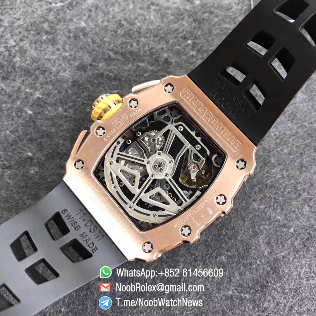 KVF Replica RM11 03 Crystal Skeleton Dial Rose Gold Case Titanium Mid Case on Black Racing Rubber Strap A7750 Chronograph 06