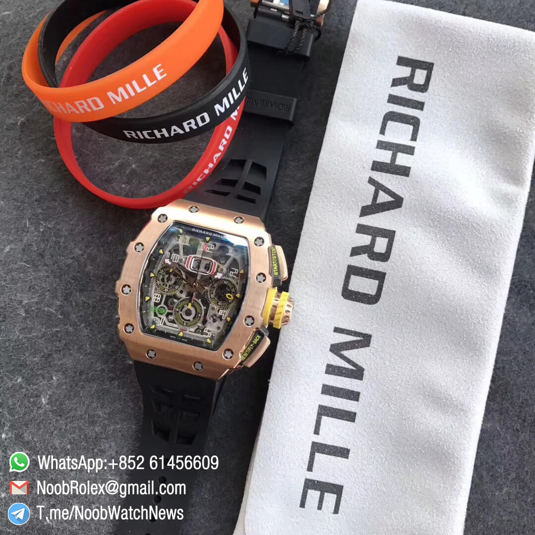 KVF Replica RM11 03 Crystal Skeleton Dial Rose Gold Case Titanium Mid Case on Black Racing Rubber Strap A7750 Chronograph 09