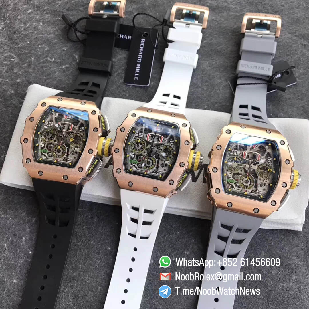 KVF Replica RM11 03 Crystal Skeleton Dial Rose Gold Case Titanium Mid Case on Black Racing Rubber Strap A7750 Chronograph 11