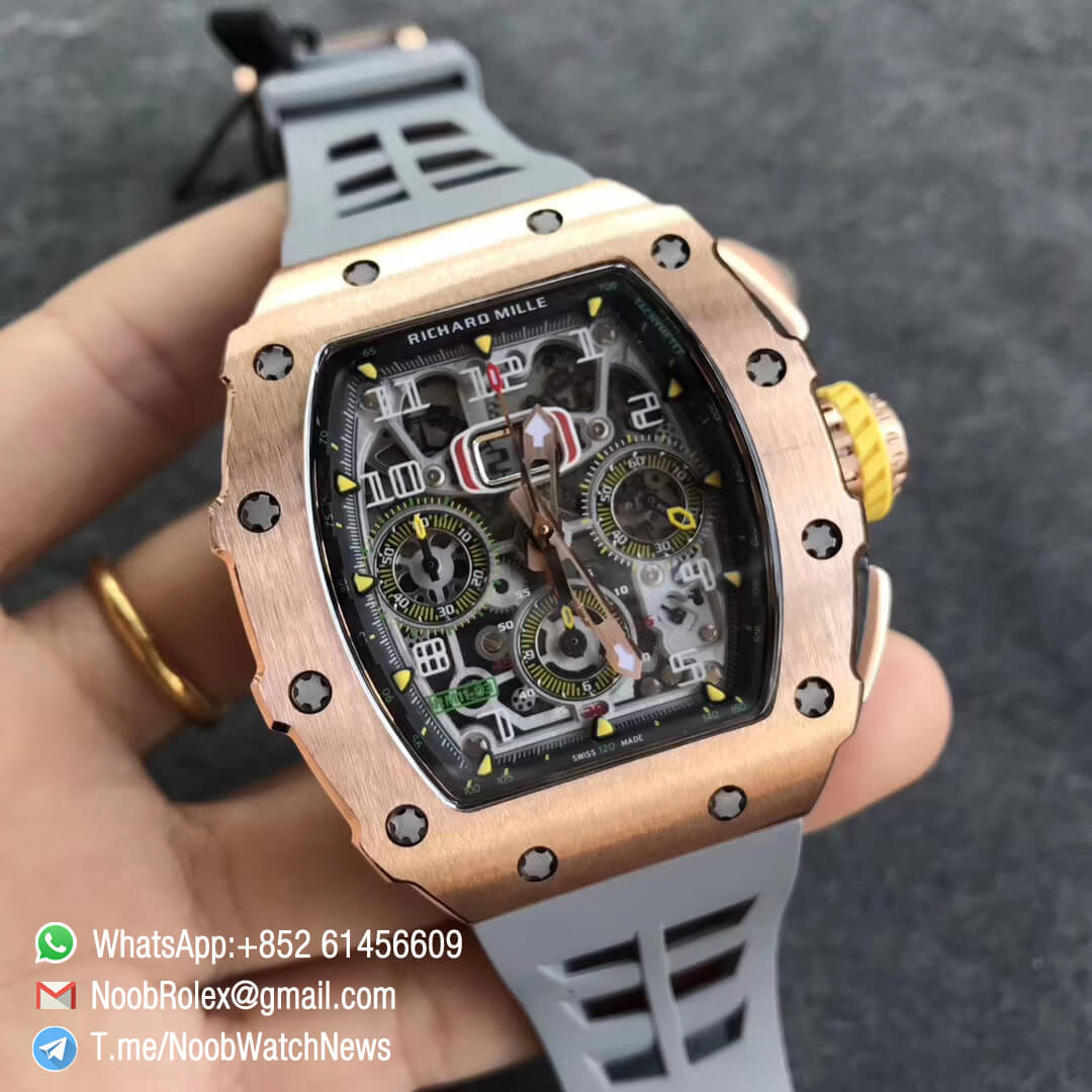 KVF Replica RM11 03 Crystal Skeleton Dial Rose Gold Case Titanium Mid Case on Grey Racing Rubber Strap A7750 Chronograph 02
