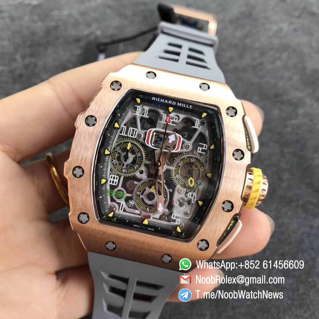 KVF Replica RM11 03 Crystal Skeleton Dial Rose Gold Case Titanium Mid Case on Grey Racing Rubber Strap A7750 Chronograph 03