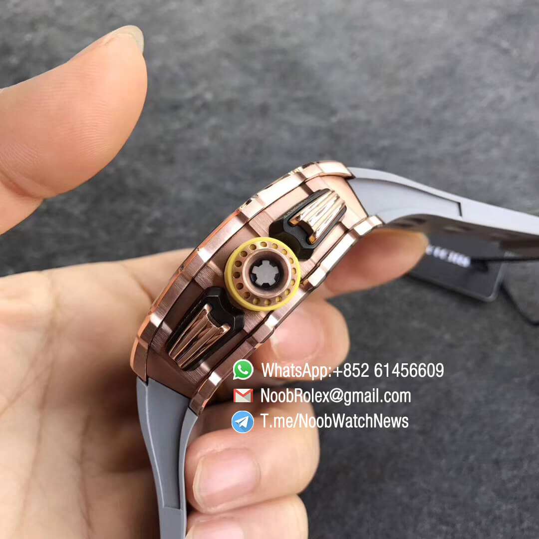 KVF Replica RM11 03 Crystal Skeleton Dial Rose Gold Case Titanium Mid Case on Grey Racing Rubber Strap A7750 Chronograph 04