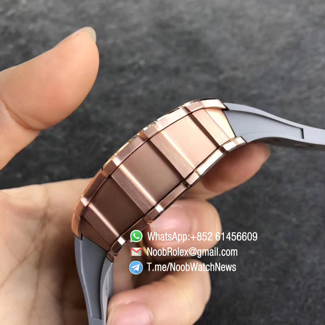 KVF Replica RM11 03 Crystal Skeleton Dial Rose Gold Case Titanium Mid Case on Grey Racing Rubber Strap A7750 Chronograph 05