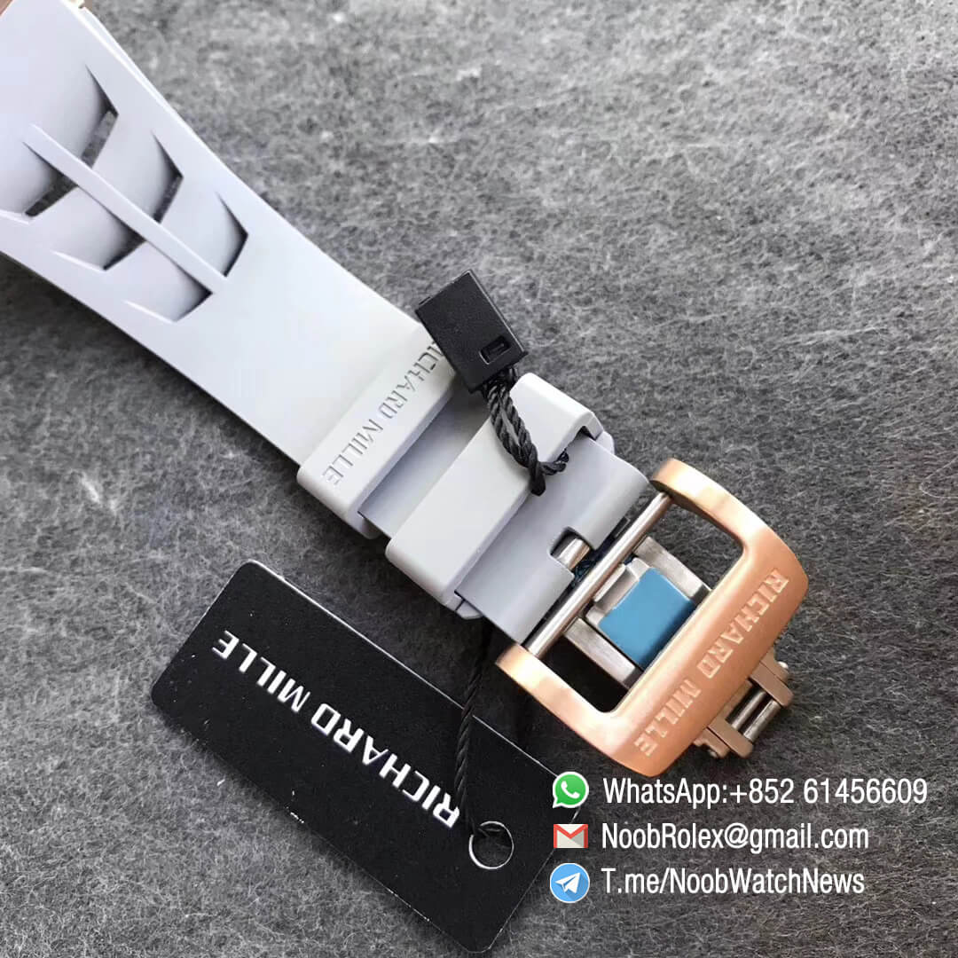 KVF Replica RM11 03 Crystal Skeleton Dial Rose Gold Case Titanium Mid Case on Grey Racing Rubber Strap A7750 Chronograph 07