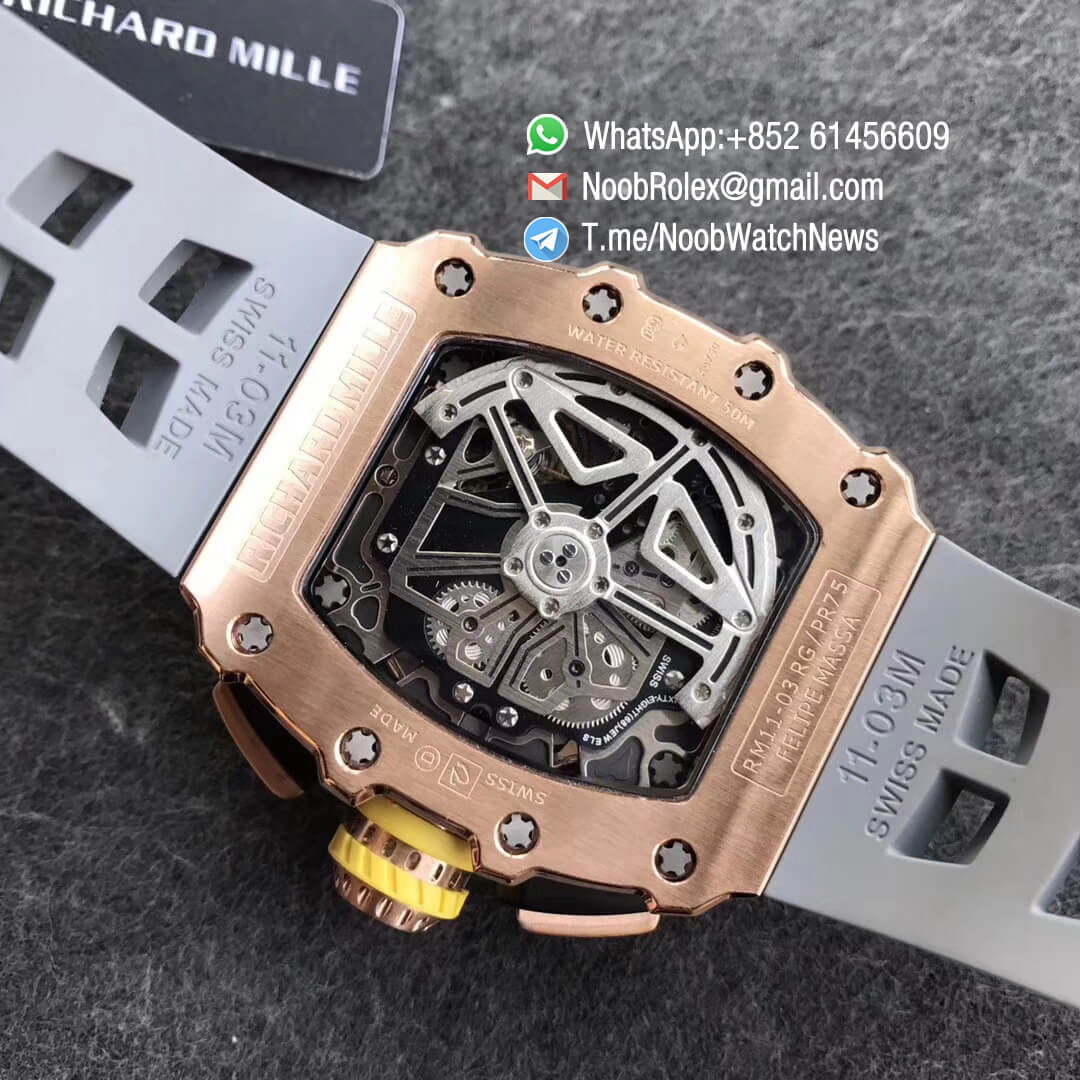 KVF Replica RM11 03 Crystal Skeleton Dial Rose Gold Case Titanium Mid Case on Grey Racing Rubber Strap A7750 Chronograph 09