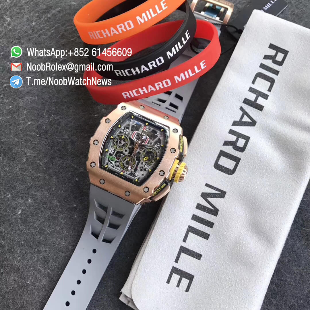 KVF Replica RM11 03 Crystal Skeleton Dial Rose Gold Case Titanium Mid Case on Grey Racing Rubber Strap A7750 Chronograph 10