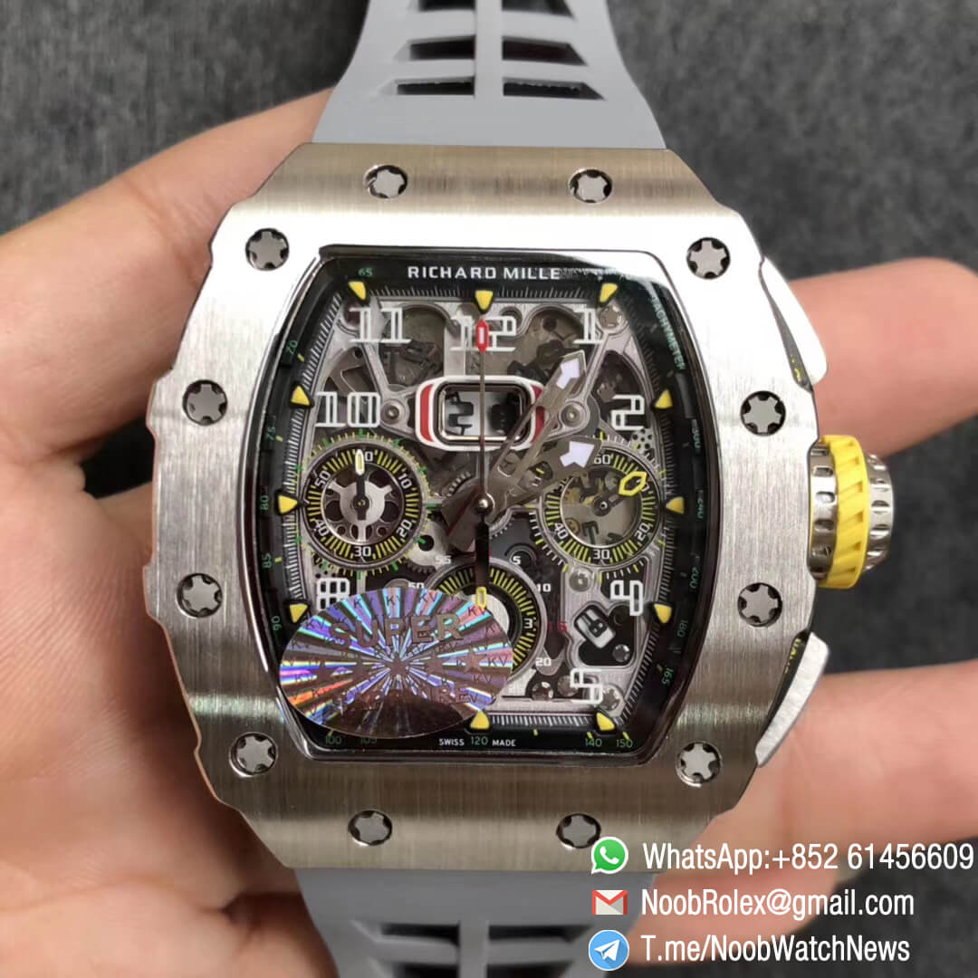 KVF Top Clone RM11 03 Crystal Skeleton Dial Steel Case Titanium Mid Case on Grey Racing Rubber Strap A7750 Chrono Movement 01