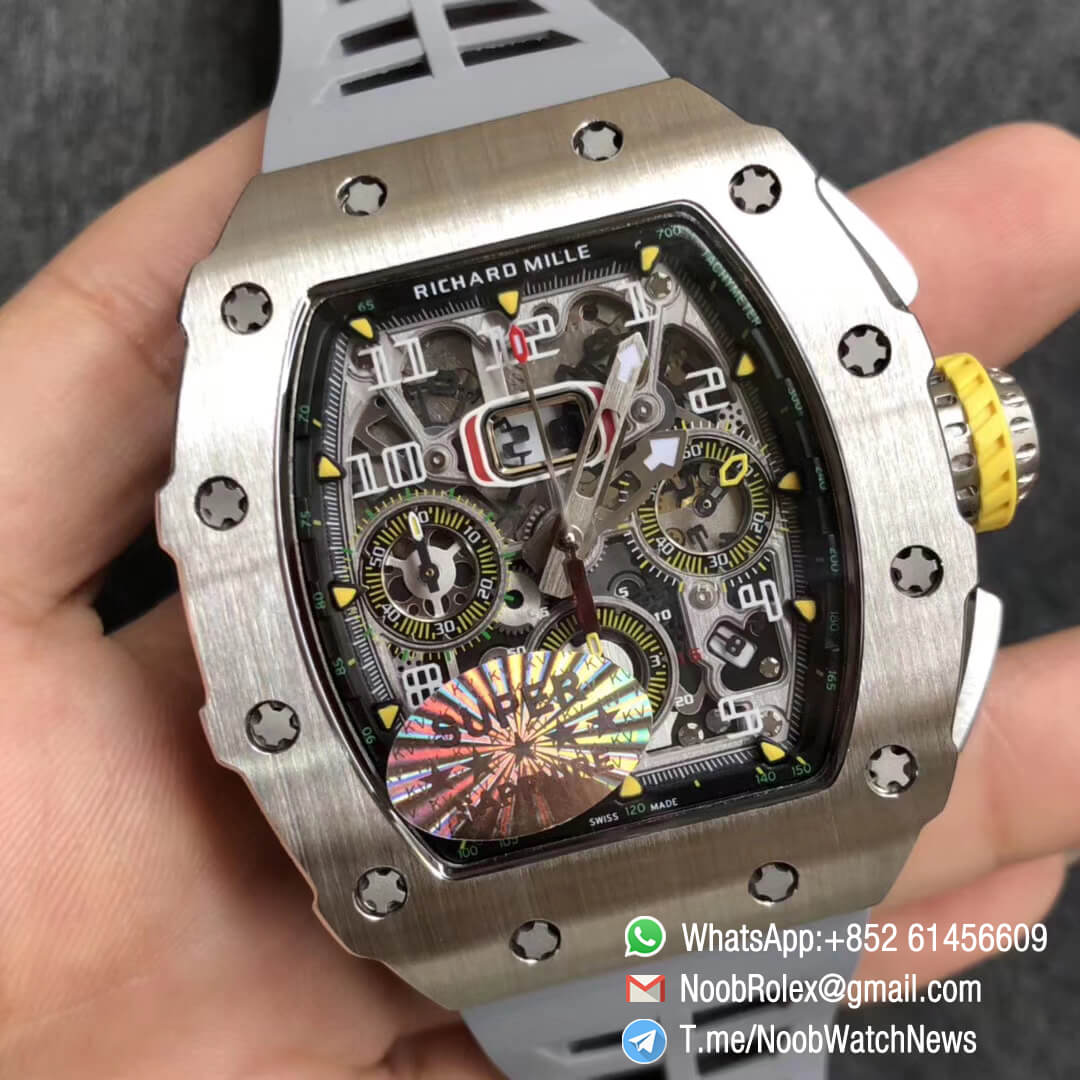 KVF Top Clone RM11 03 Crystal Skeleton Dial Steel Case Titanium Mid Case on Grey Racing Rubber Strap A7750 Chrono Movement 02