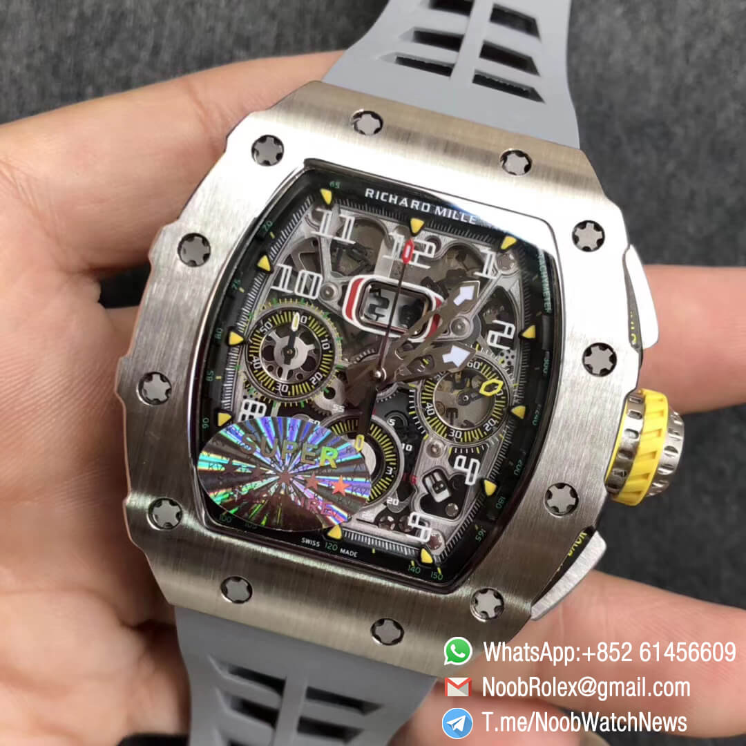 KVF Top Clone RM11 03 Crystal Skeleton Dial Steel Case Titanium Mid Case on Grey Racing Rubber Strap A7750 Chrono Movement 03