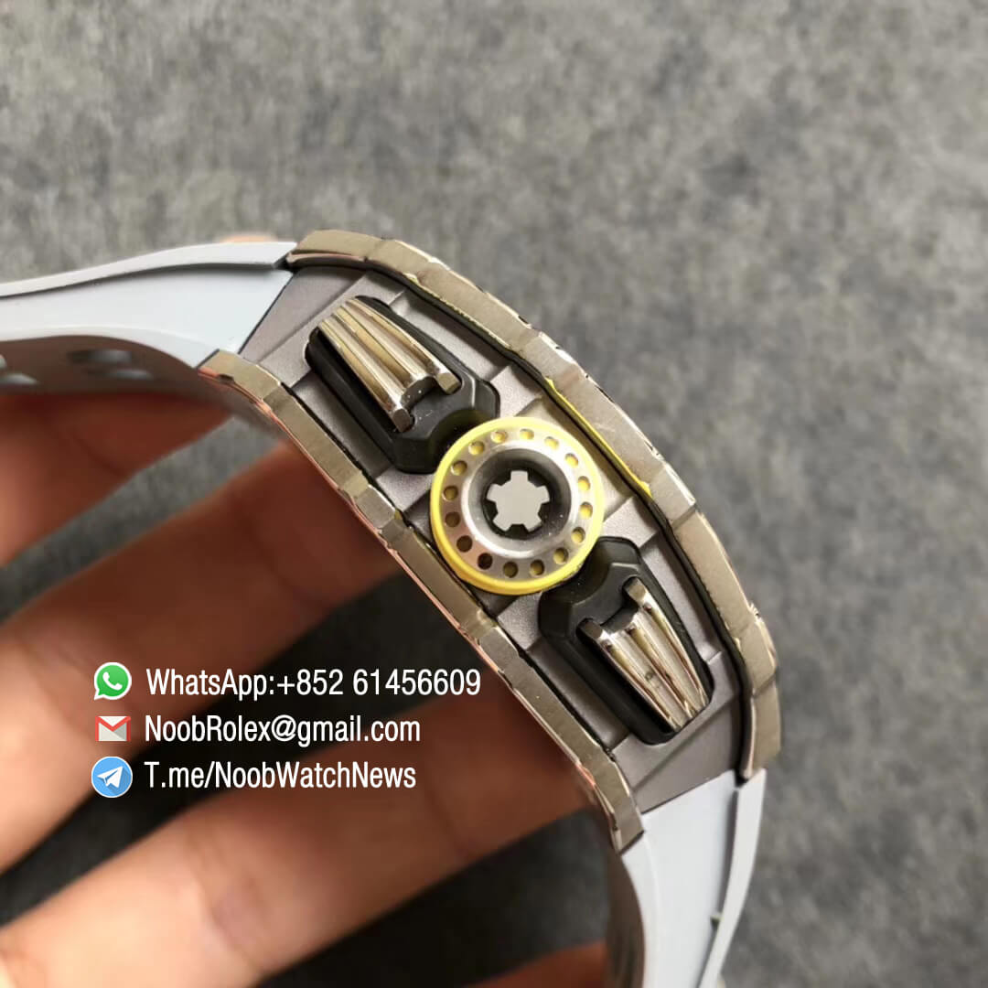 KVF Top Clone RM11 03 Crystal Skeleton Dial Steel Case Titanium Mid Case on Grey Racing Rubber Strap A7750 Chrono Movement 04