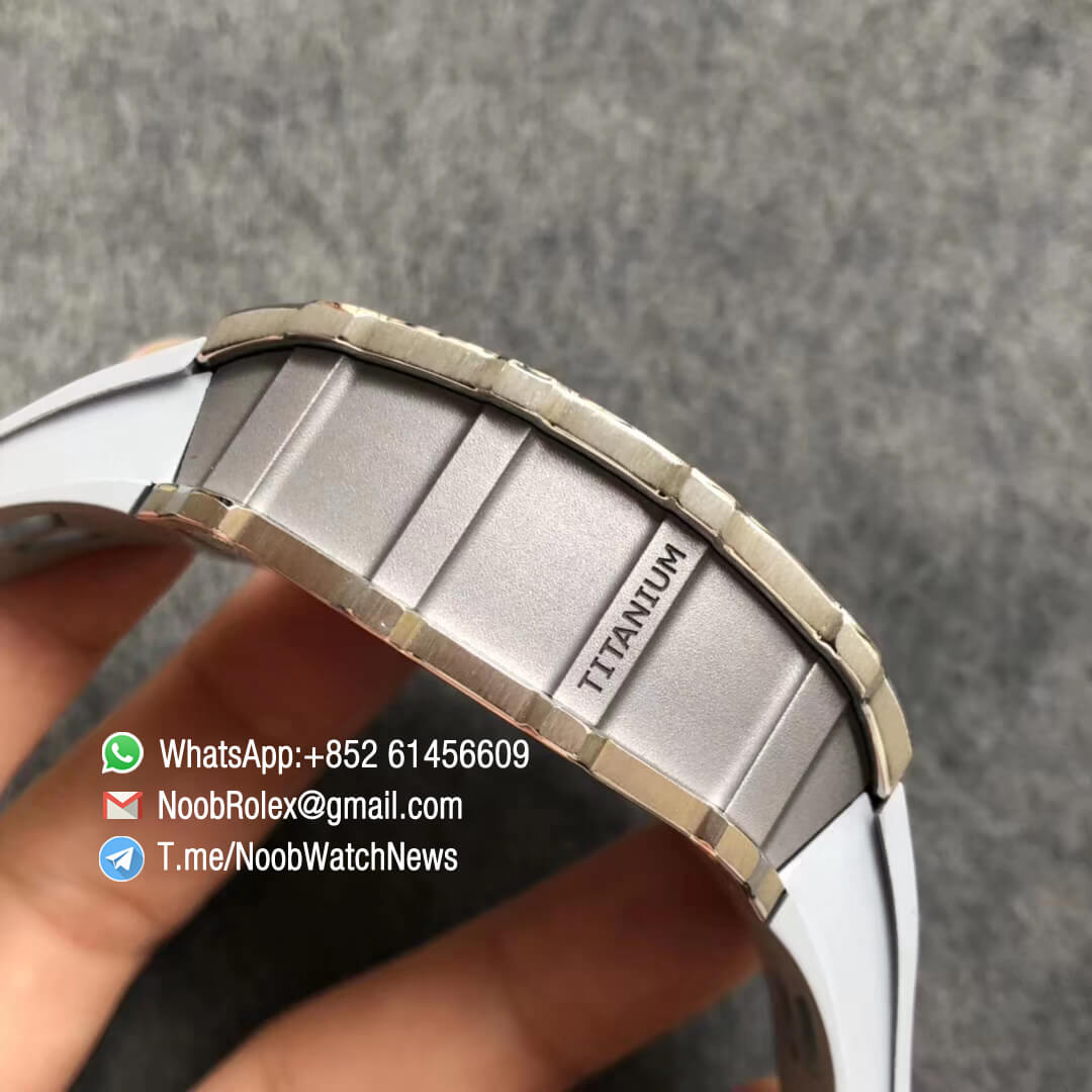 KVF Top Clone RM11 03 Crystal Skeleton Dial Steel Case Titanium Mid Case on Grey Racing Rubber Strap A7750 Chrono Movement 05