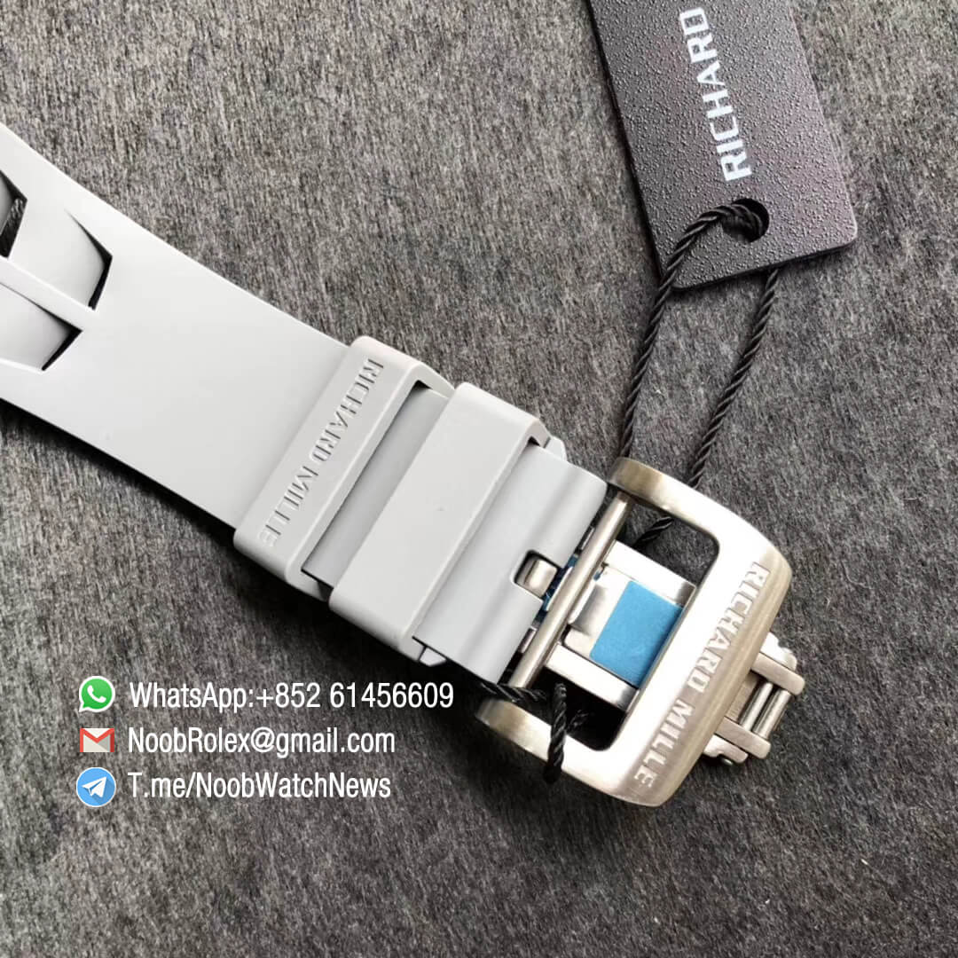 KVF Top Clone RM11 03 Crystal Skeleton Dial Steel Case Titanium Mid Case on Grey Racing Rubber Strap A7750 Chrono Movement 06