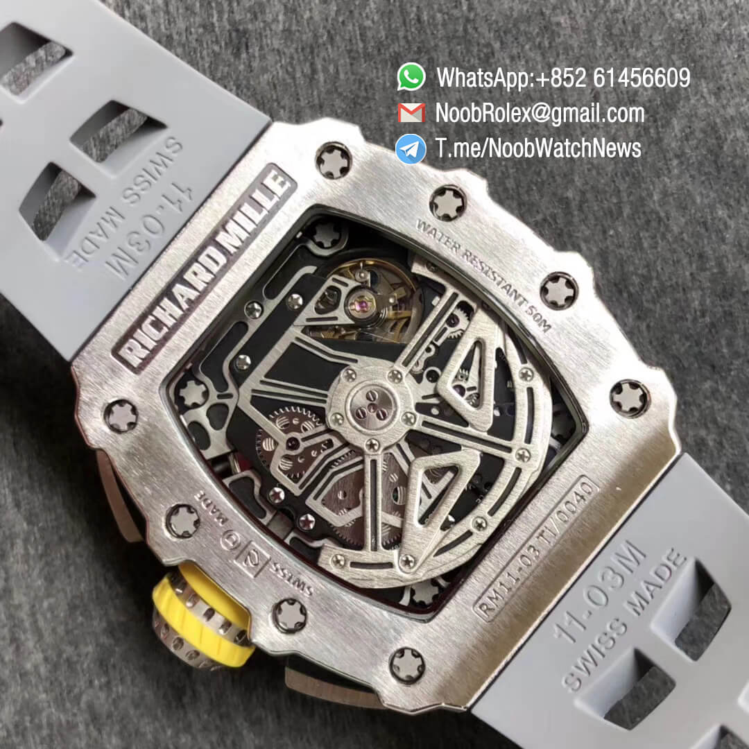 KVF Top Clone RM11 03 Crystal Skeleton Dial Steel Case Titanium Mid Case on Grey Racing Rubber Strap A7750 Chrono Movement 08