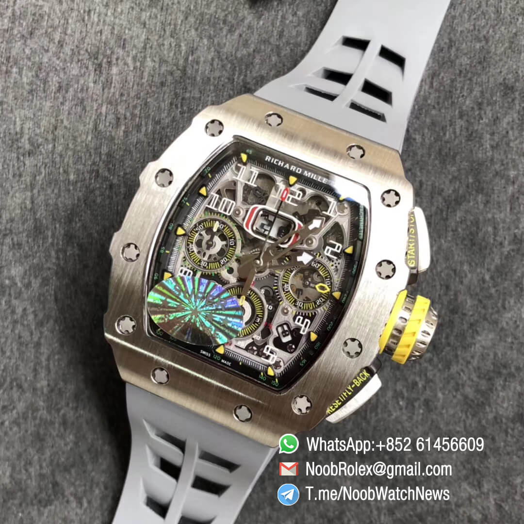 KVF Top Clone RM11 03 Crystal Skeleton Dial Steel Case Titanium Mid Case on Grey Racing Rubber Strap A7750 Chrono Movement 09