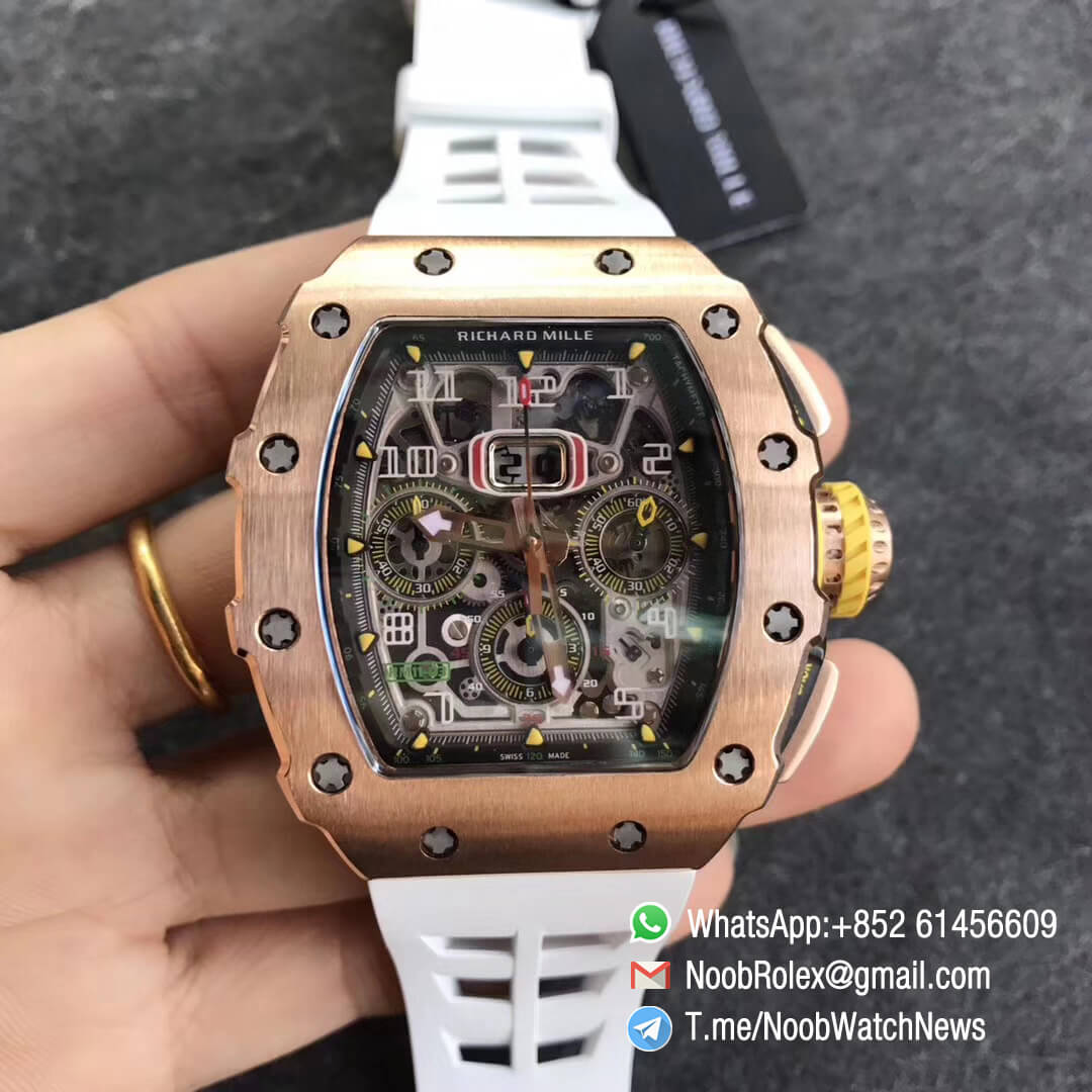 KVF Top Fake RM11 03 Crystal Skeleton Dial Rose Gold Case Titanium Mid Case on White Racing Rubber Strap A7750 01