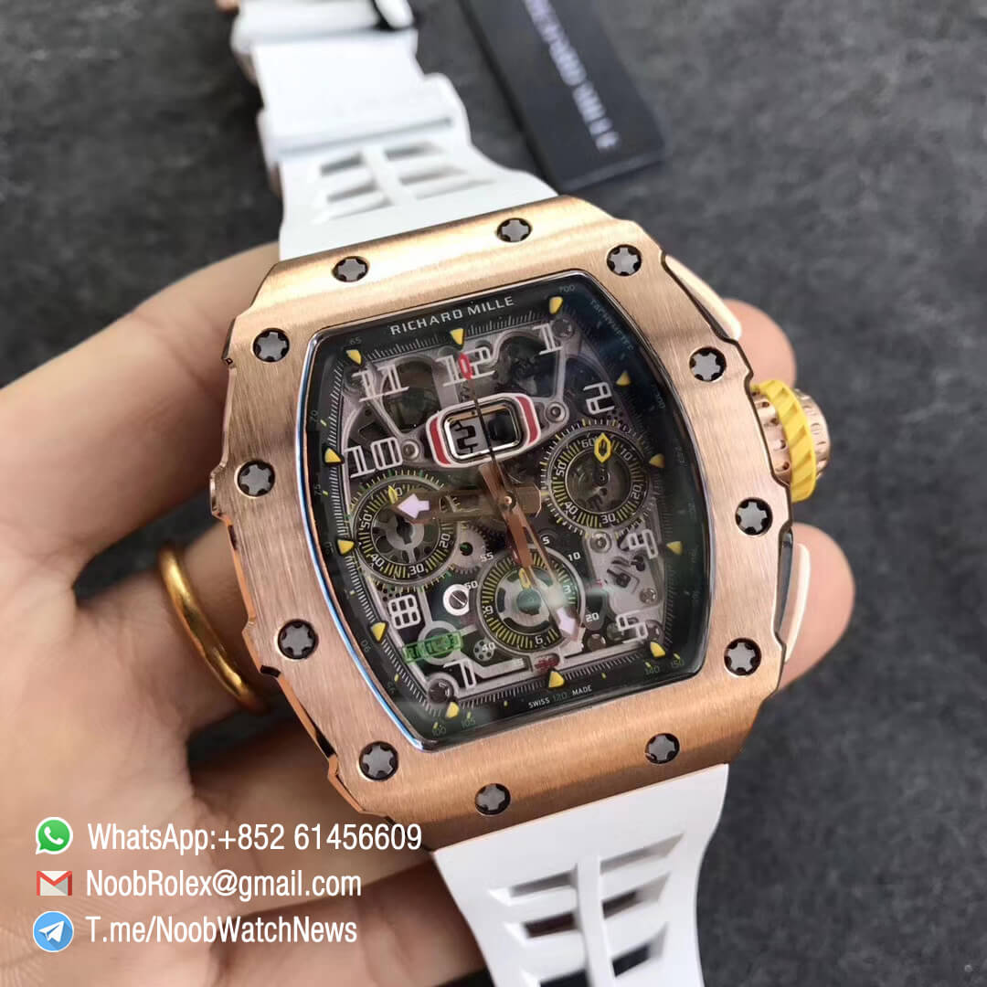 KVF Top Fake RM11 03 Crystal Skeleton Dial Rose Gold Case Titanium Mid Case on White Racing Rubber Strap A7750 02