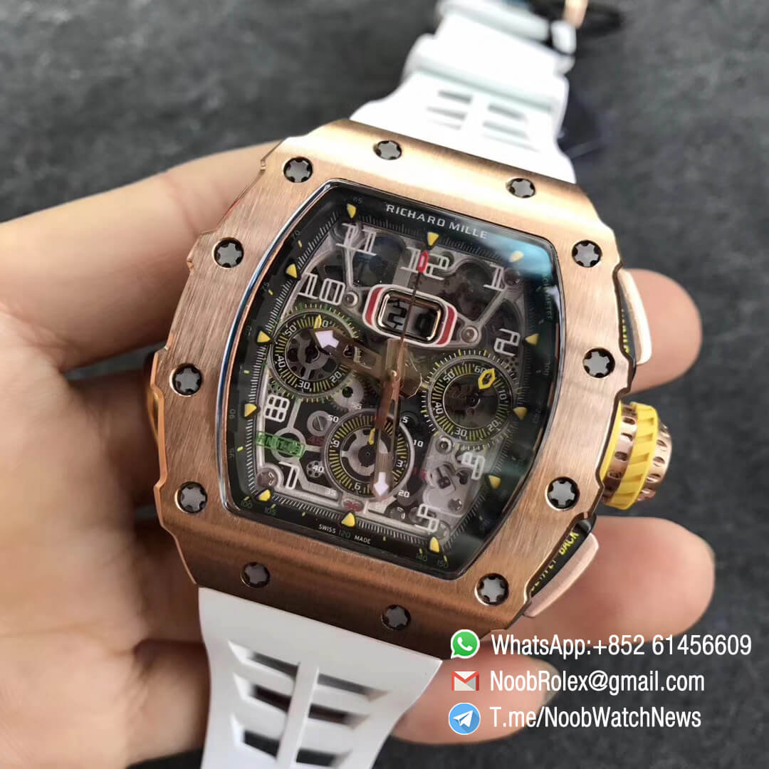 KVF Top Fake RM11 03 Crystal Skeleton Dial Rose Gold Case Titanium Mid Case on White Racing Rubber Strap A7750 03