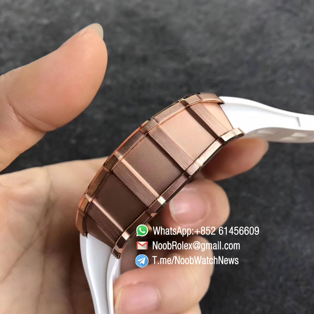 KVF Top Fake RM11 03 Crystal Skeleton Dial Rose Gold Case Titanium Mid Case on White Racing Rubber Strap A7750 05