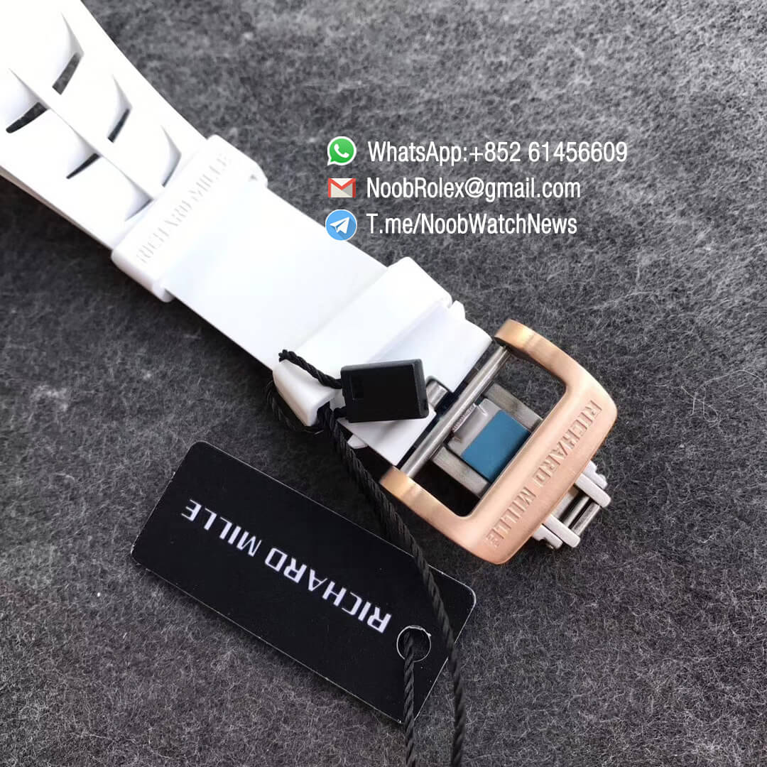 KVF Top Fake RM11 03 Crystal Skeleton Dial Rose Gold Case Titanium Mid Case on White Racing Rubber Strap A7750 06