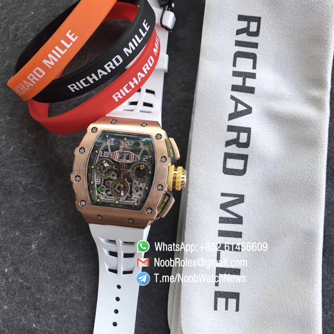 KVF Top Fake RM11 03 Crystal Skeleton Dial Rose Gold Case Titanium Mid Case on White Racing Rubber Strap A7750 09