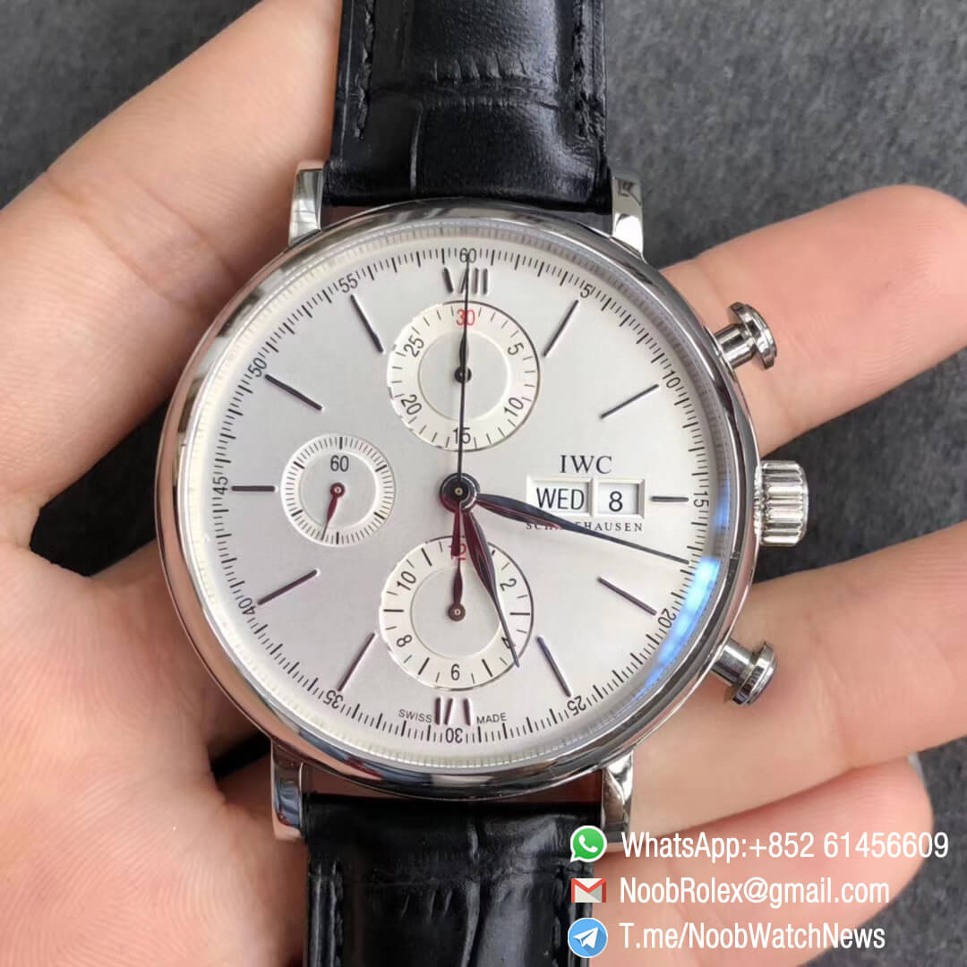 ZF Top Clone Portofino Chronograph IW391007 Steel Case 42mm Silver Dial Day Date on Black Leather Strap A7750 01