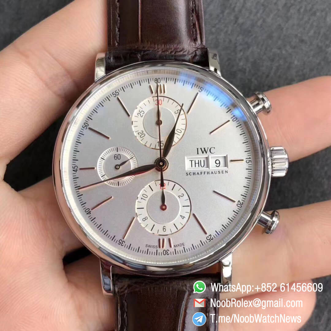 ZF Top Clone Portofino Collection IW3910 31 Chrono Steel 42mm Silver Dial Day Date RG Markers Hands on Brown Leather Strap A7750 01