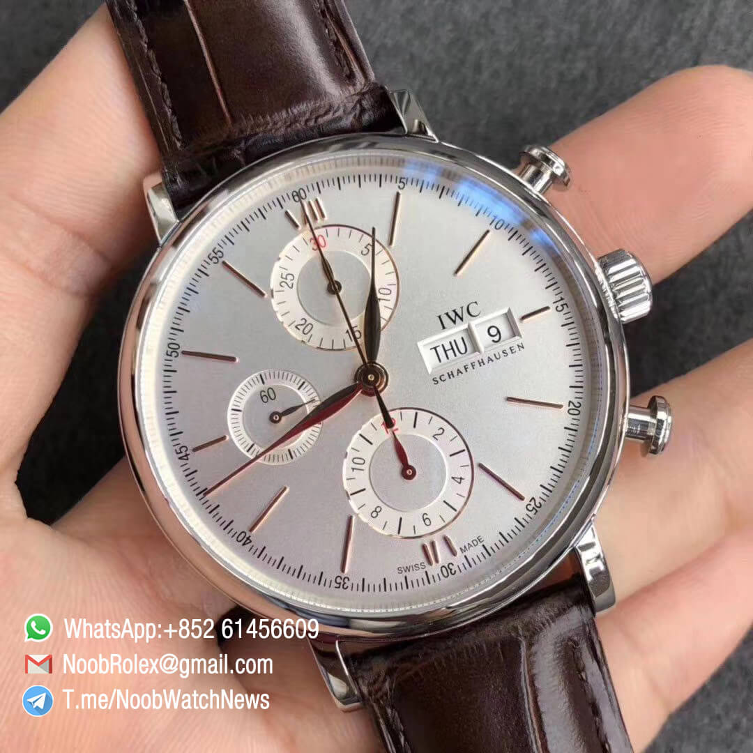 ZF Top Clone Portofino Collection IW3910 31 Chrono Steel 42mm Silver Dial Day Date RG Markers Hands on Brown Leather Strap A7750 02