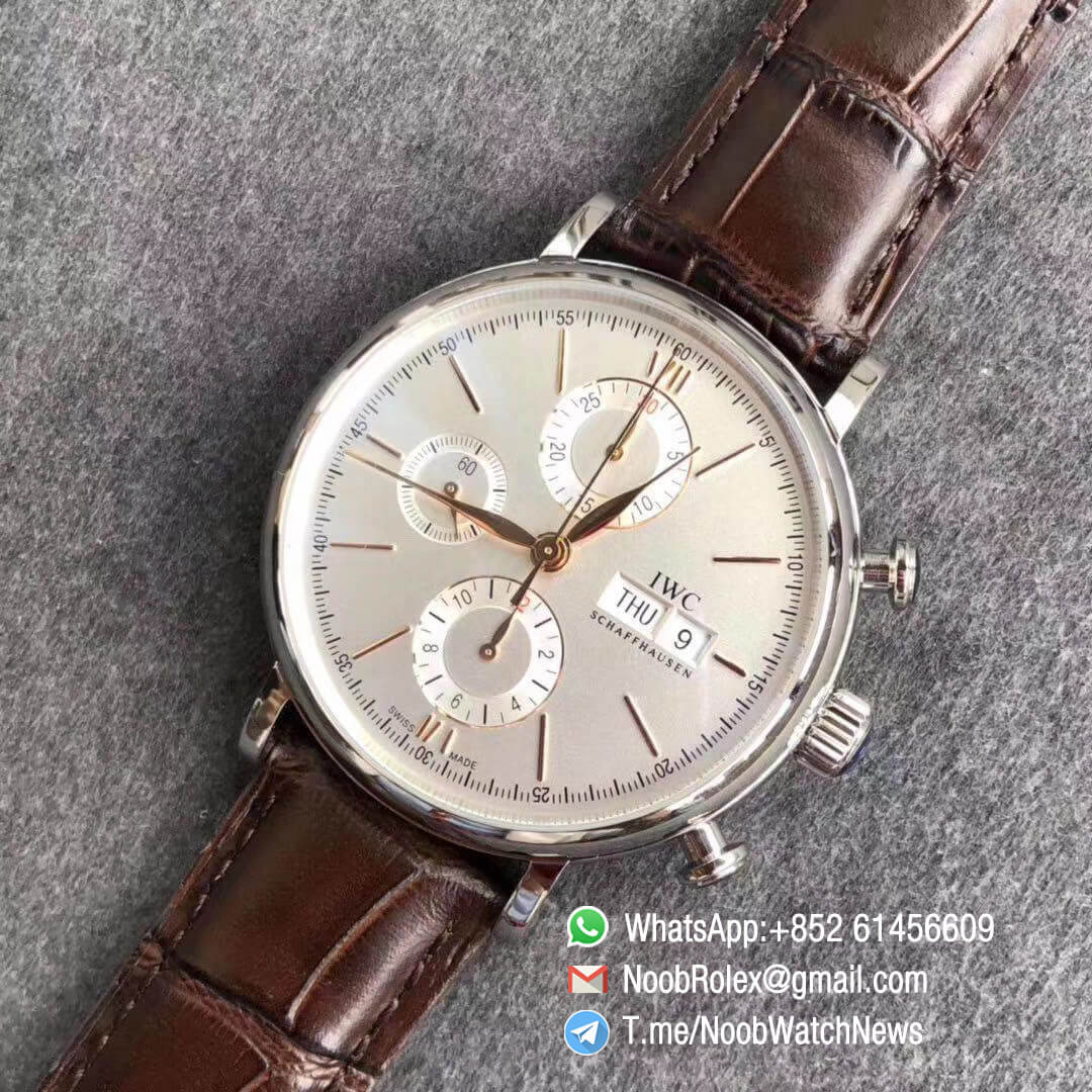 ZF Top Clone Portofino Collection IW3910 31 Chrono Steel 42mm Silver Dial Day Date RG Markers Hands on Brown Leather Strap A7750 09