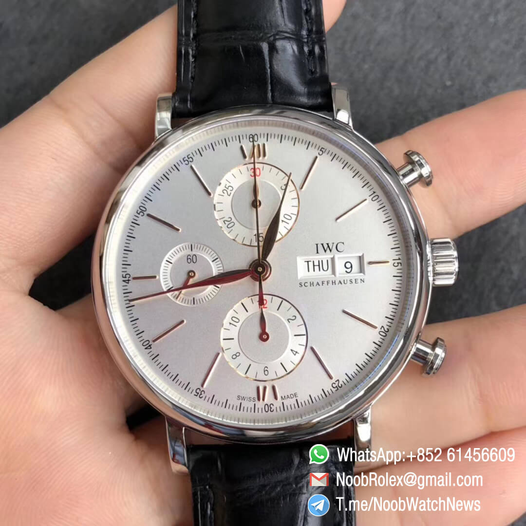 ZF Top Quality Portofino Chrono Steel Case White Dial Rose Gold Markers Hands on Black Leather Strap A7750 Movement 01