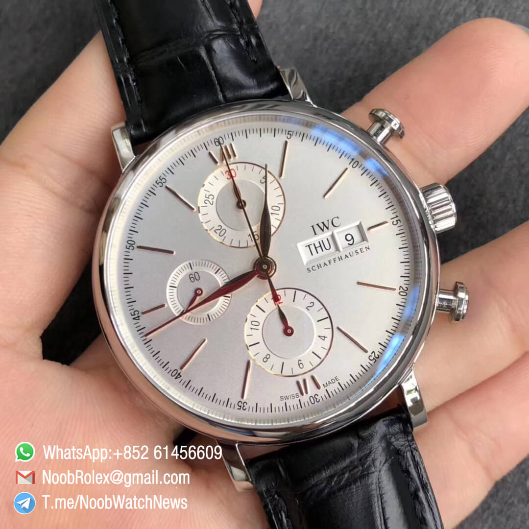 ZF Top Quality Portofino Chrono Steel Case White Dial Rose Gold Markers Hands on Black Leather Strap A7750 Movement 02