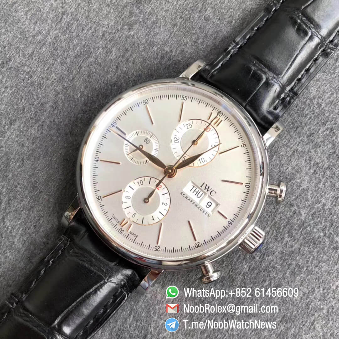 ZF Top Quality Portofino Chrono Steel Case White Dial Rose Gold Markers Hands on Black Leather Strap A7750 Movement 09