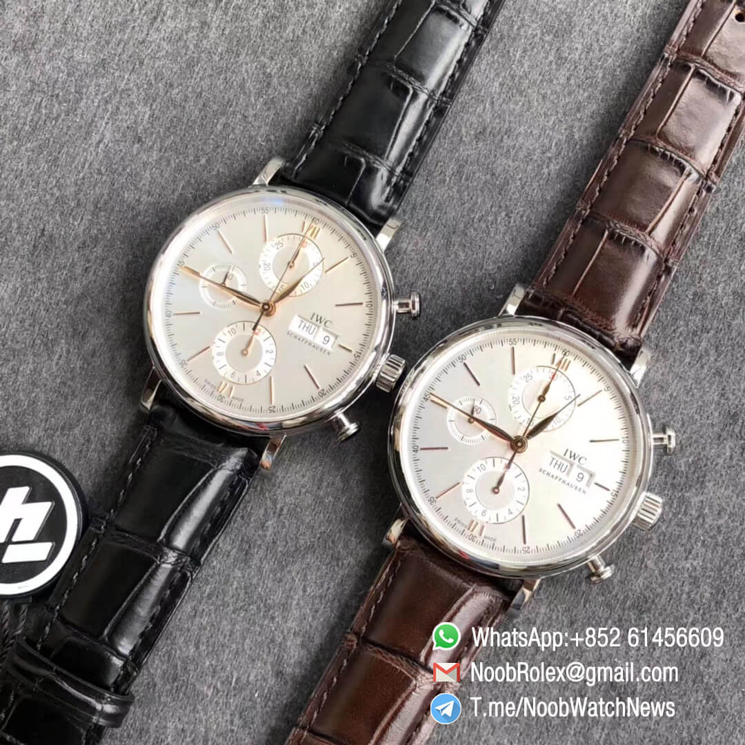 ZF Top Quality Portofino Chrono Steel Case White Dial Rose Gold Markers Hands on Black Leather Strap A7750 Movement 10