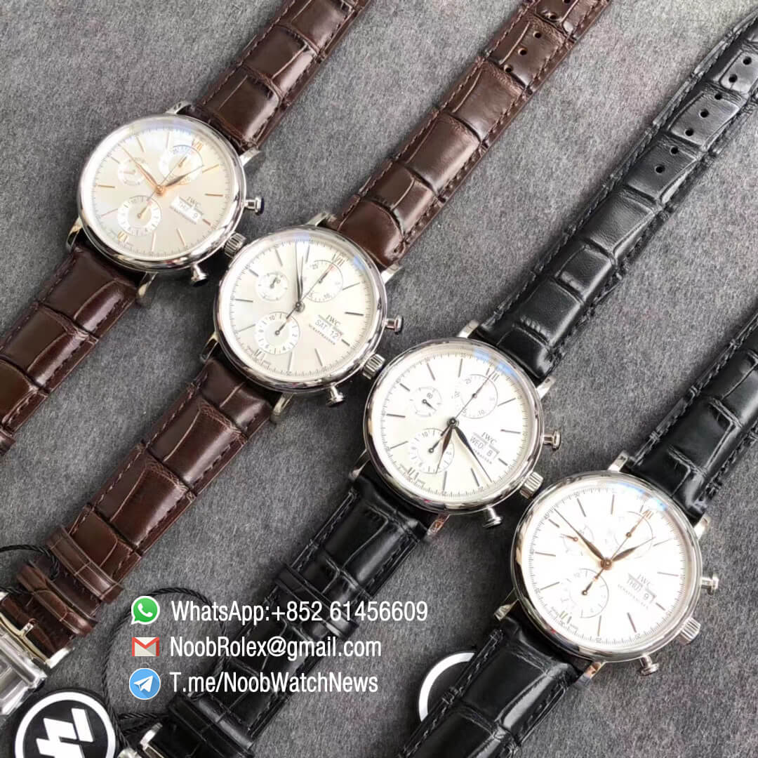 ZF Top Quality Portofino Chrono Steel Case White Dial Rose Gold Markers Hands on Black Leather Strap A7750 Movement 13