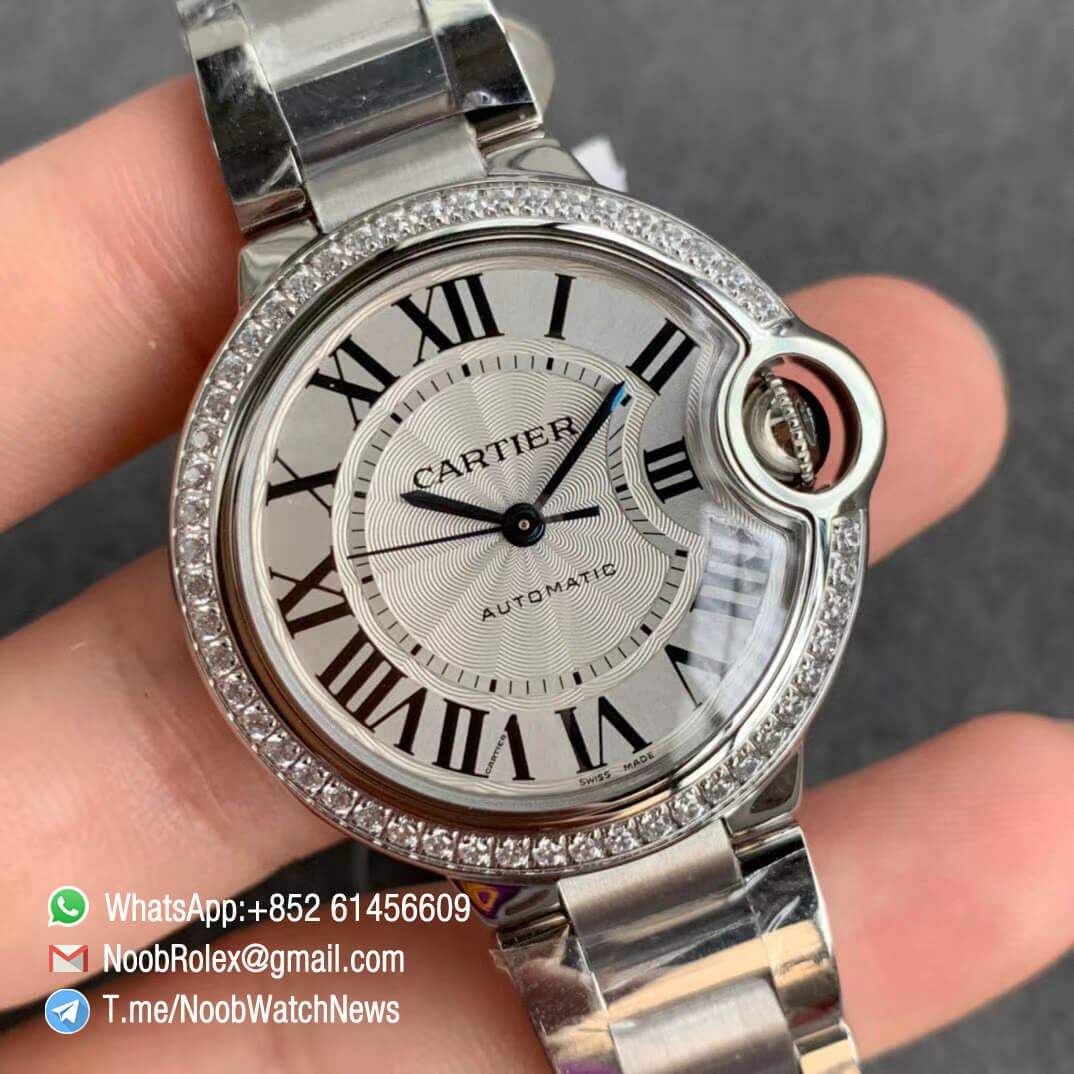 Ballon Bleu 33mm W4BB0016 Steel Case Bracelet Silver Textured Dial Diamonds Bezel on Custom Cal 076 Comes with Warranty Card V6F V7 Best Edition 02