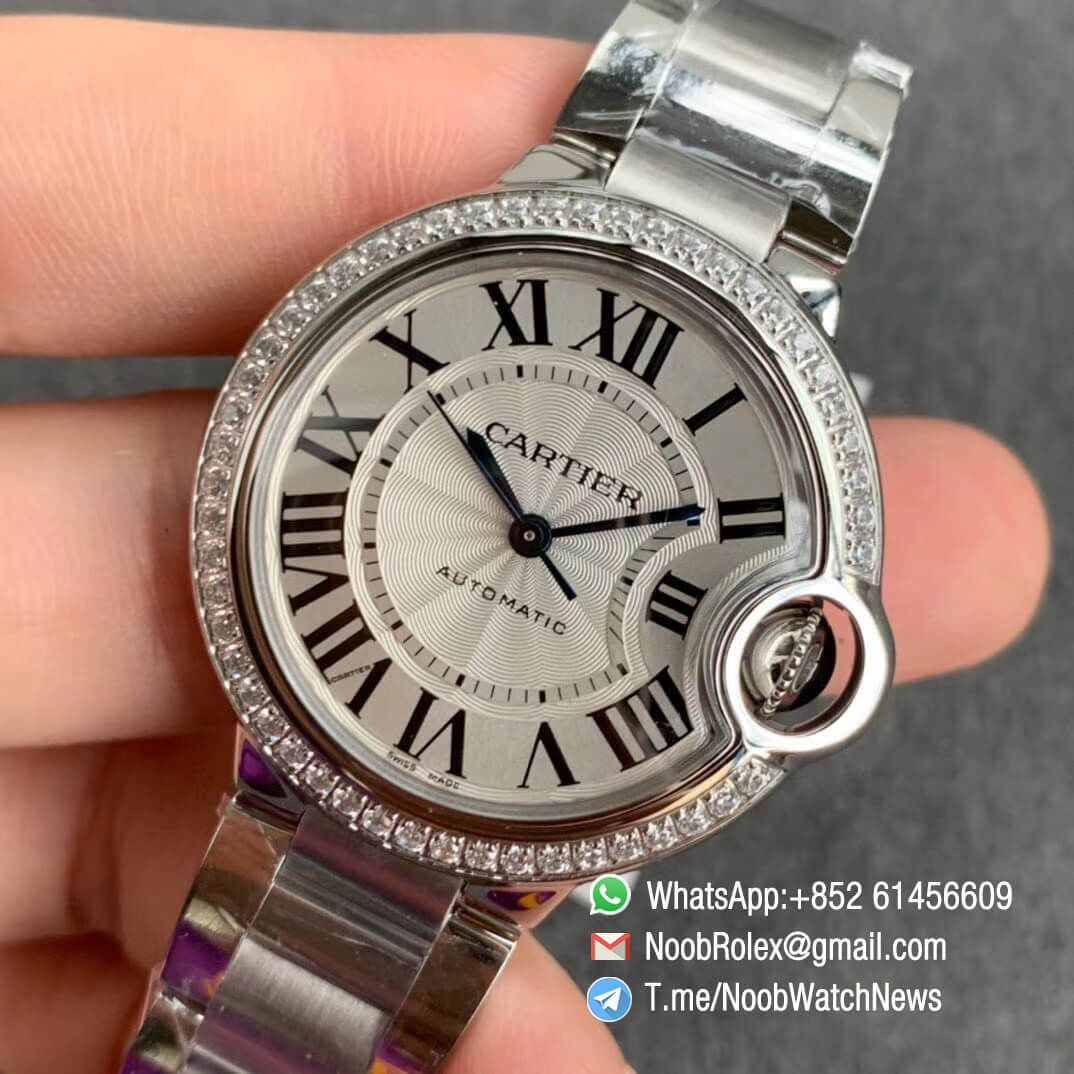Ballon Bleu 33mm W4BB0016 Steel Case Bracelet Silver Textured Dial Diamonds Bezel on Custom Cal 076 Comes with Warranty Card V6F V7 Best Edition 03