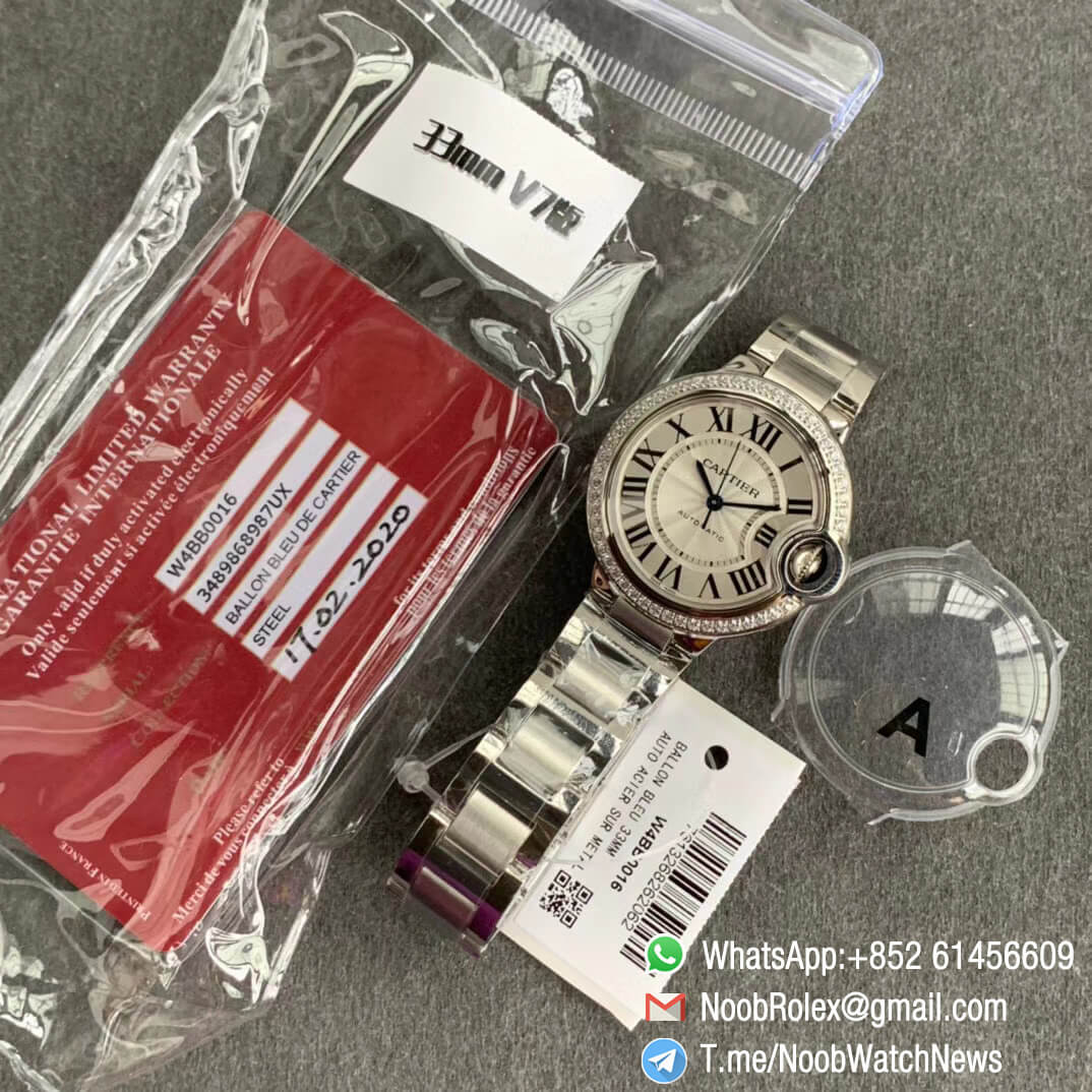 Ballon Bleu 33mm W4BB0016 Steel Case Bracelet Silver Textured Dial Diamonds Bezel on Custom Cal 076 Comes with Warranty Card V6F V7 Best Edition 09