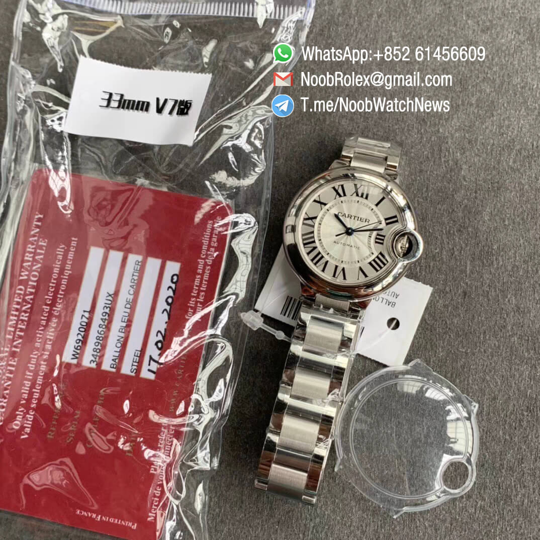 Ballon Bleu 33mm W6920071 Steel Case Bracelet Silver Textured Dial with Custom Cal 076 Comes with Warranty Card V6F V7 Best Edition 09