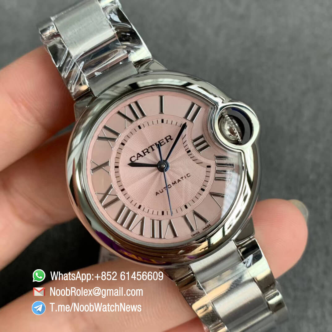Ballon Bleu 33mm W6920100 Steel Case Bracelet Pink Dial with Custom Cal 076 Comes with Warranty Card V6F V7 Best Edition 02