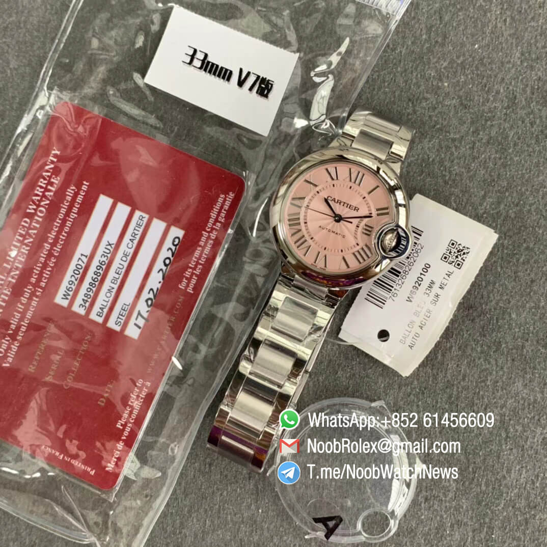 Ballon Bleu 33mm W6920100 Steel Case Bracelet Pink Dial with Custom Cal 076 Comes with Warranty Card V6F V7 Best Edition 09