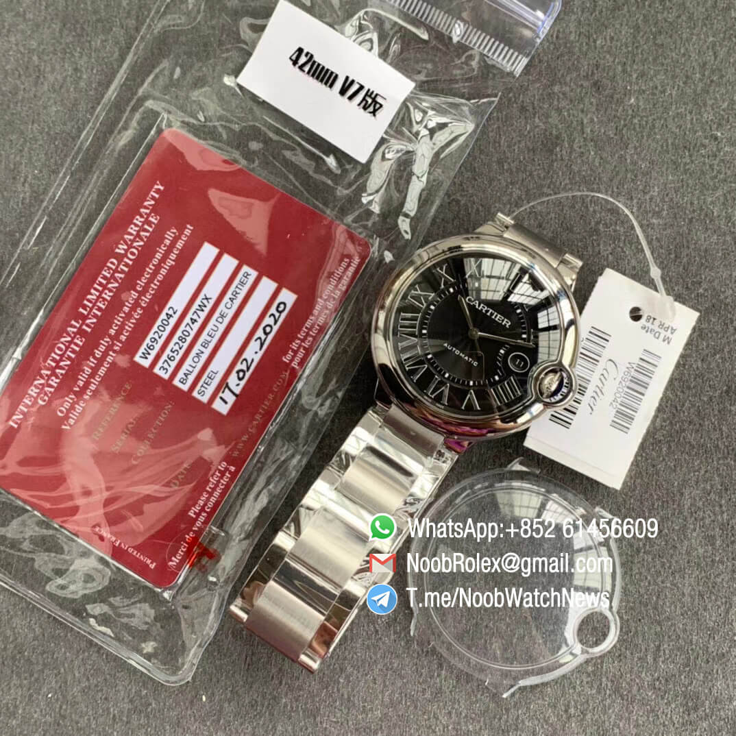 Ballon Bleu 42mm W6920042 Steel Case Bracelet Black Textured Dial on Custom Cal 076 Warranty Card with Serial Match Watch V6F V7 Best Edition 09