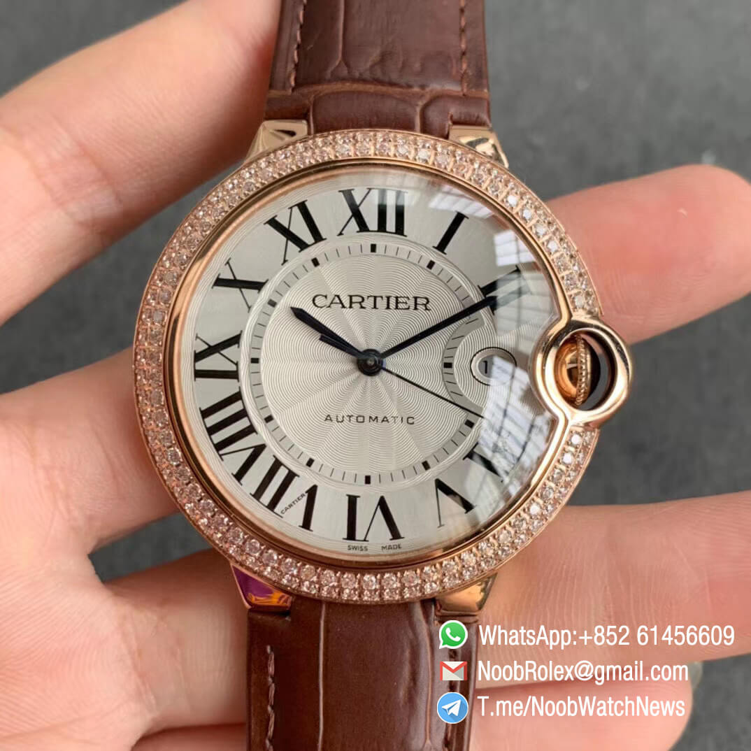 Ballon Bleu 42mm WE900851 Rose Gold Case Silver Textured Dial on Custom Cal 076 Brown Leather Strap Warranty Card with Serial Match Watch V6F V7 01