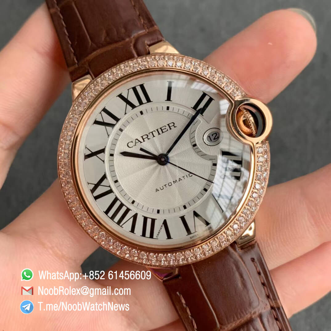 Ballon Bleu 42mm WE900851 Rose Gold Case Silver Textured Dial on Custom Cal 076 Brown Leather Strap Warranty Card with Serial Match Watch V6F V7 02