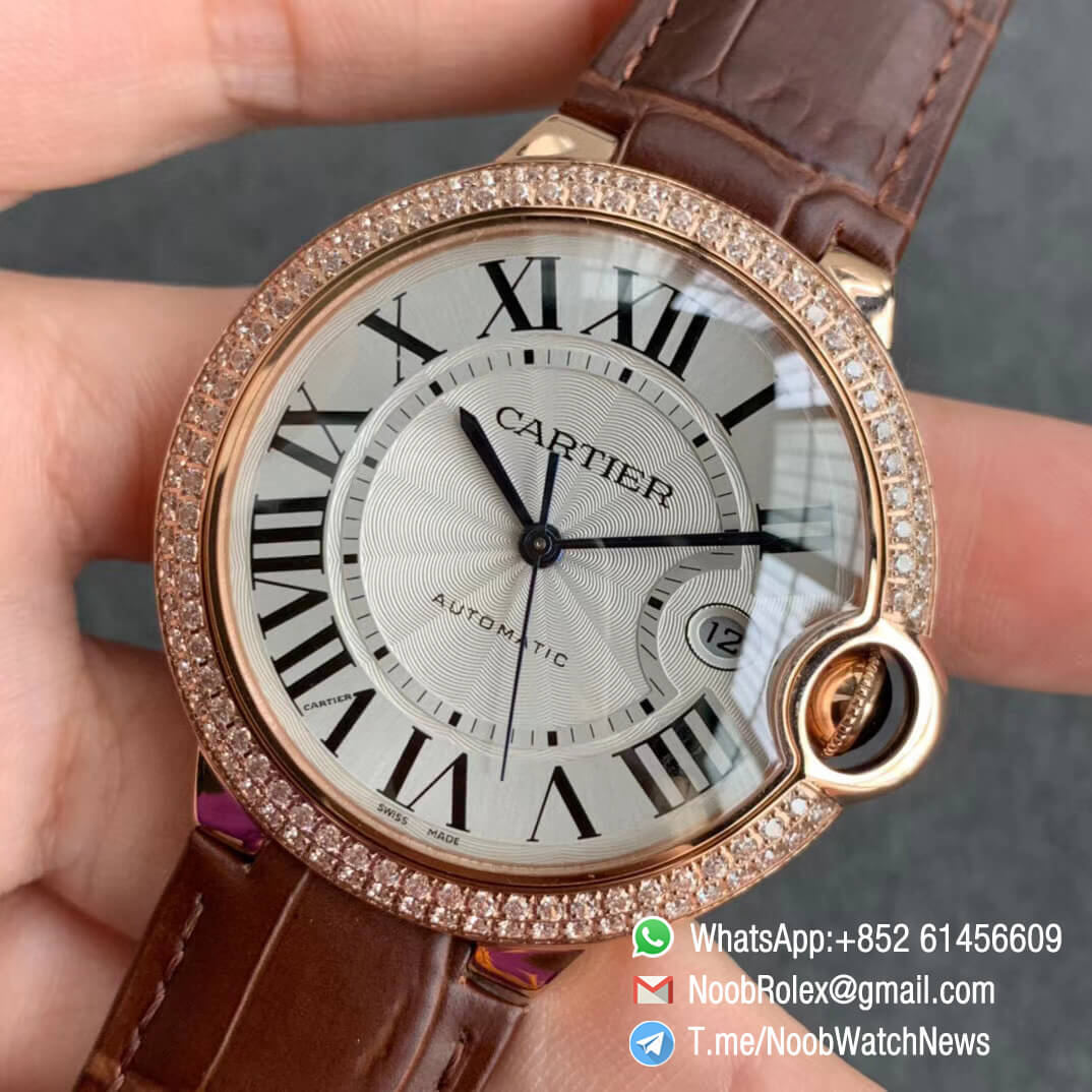 Ballon Bleu 42mm WE900851 Rose Gold Case Silver Textured Dial on Custom Cal 076 Brown Leather Strap Warranty Card with Serial Match Watch V6F V7 03