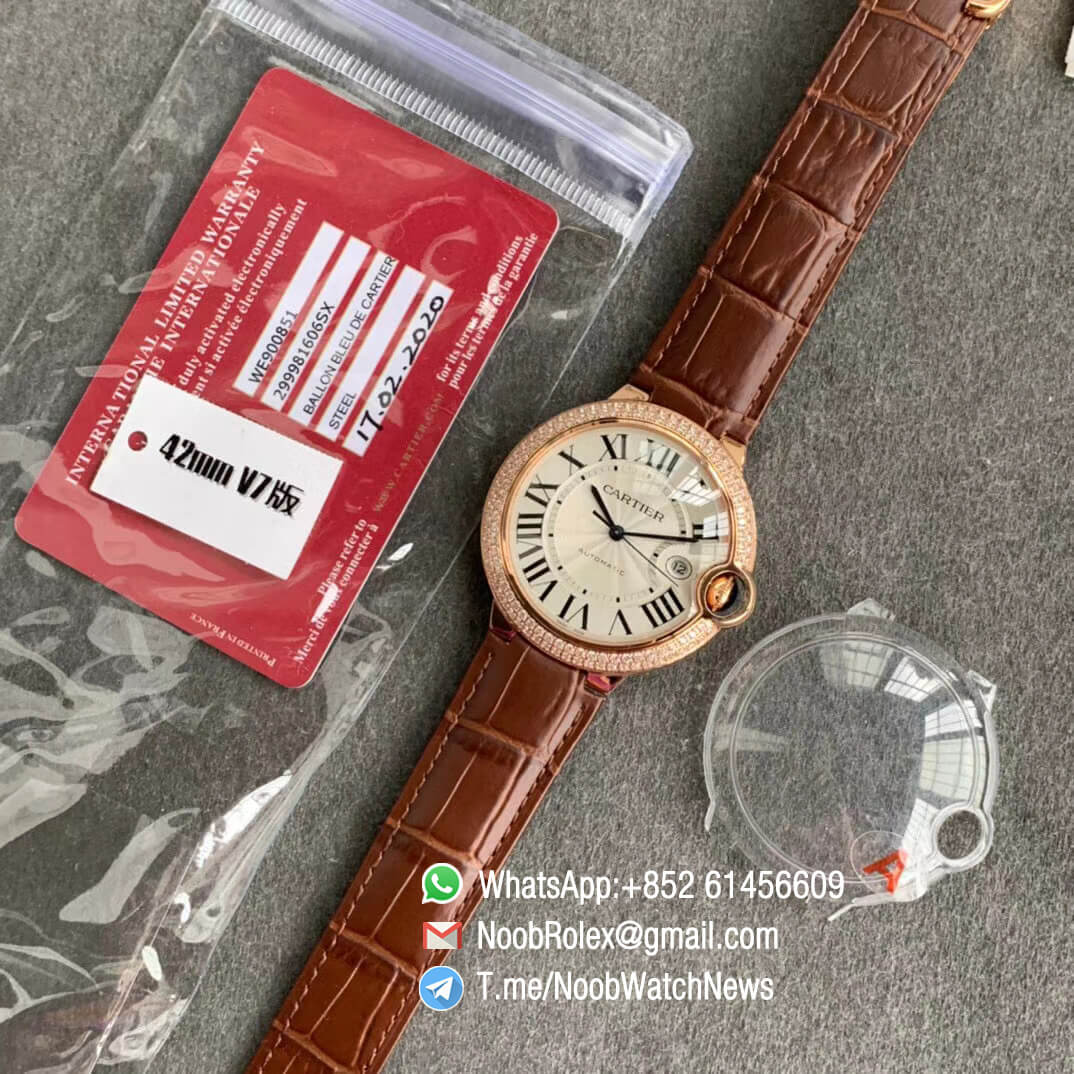 Ballon Bleu 42mm WE900851 Rose Gold Case Silver Textured Dial on Custom Cal 076 Brown Leather Strap Warranty Card with Serial Match Watch V6F V7 09