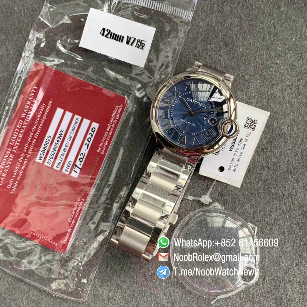Ballon Bleu 42mm WSBB0025 Steel Case Bracelet Blue Textured Dial on Custom Cal 076 Warranty Card with Serial Match Watch V6F V7 Best Edition 09