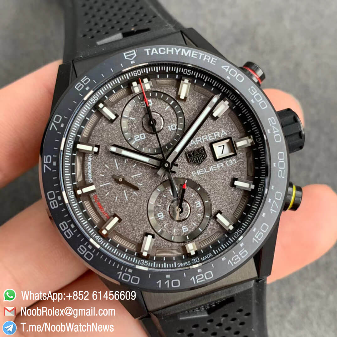 Carrera Cal Heuer 01 Chrono 43mm PVD Plated on Steel Case Gray Dial on Black Rubber Strap A1887 XF Super Clone Watch 02