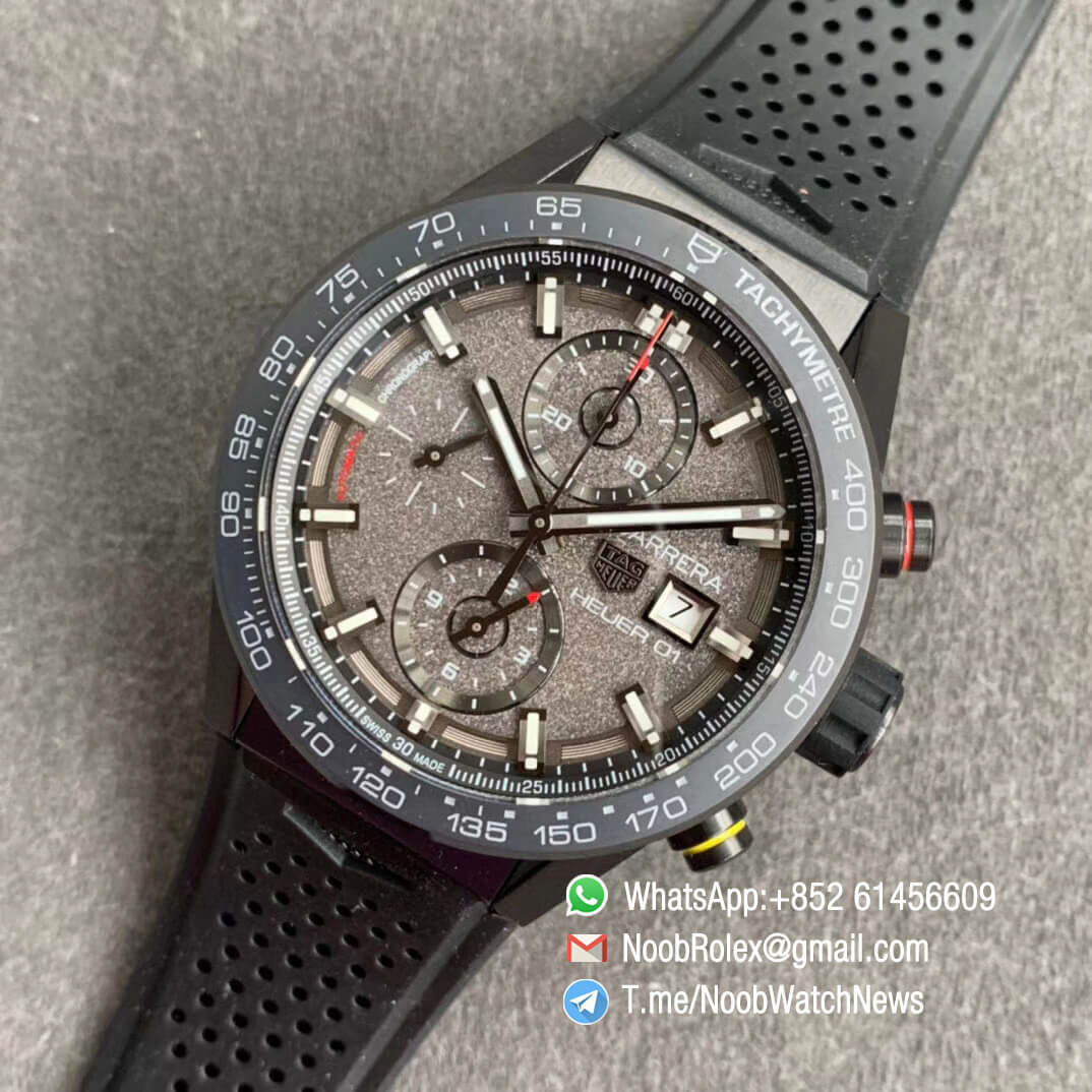 Carrera Cal Heuer 01 Chrono 43mm PVD Plated on Steel Case Gray Dial on Black Rubber Strap A1887 XF Super Clone Watch 09