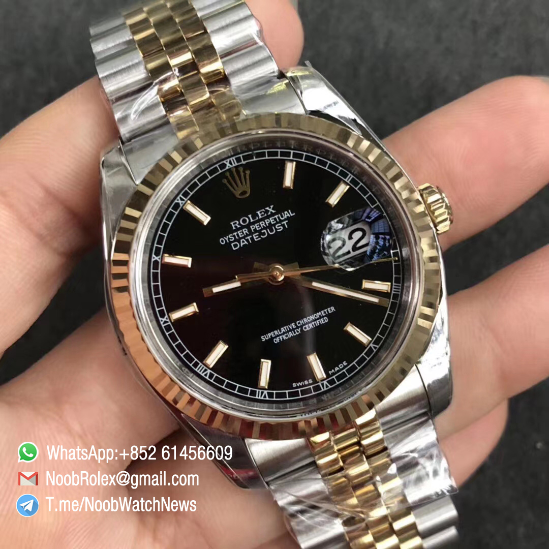 DateJust 36 116233 904L Steel Case Yellow Gold Bezel Black Dial Stick Markers on Two Tone Steel Yellow Gold Jubilee Bracelet SH3135 ARF V2 02