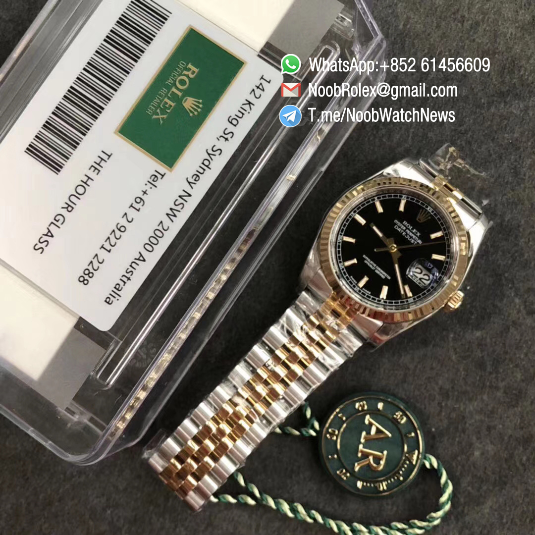 DateJust 36 116233 904L Steel Case Yellow Gold Bezel Black Dial Stick Markers on Two Tone Steel Yellow Gold Jubilee Bracelet SH3135 ARF V2 09